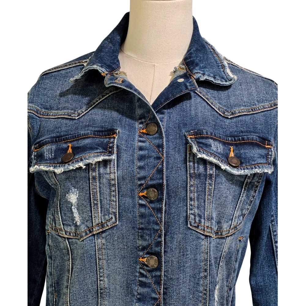 Zara Denim Jacket Womens L BlueDistressed Raw Hem Trucker - Picture 2 of 9